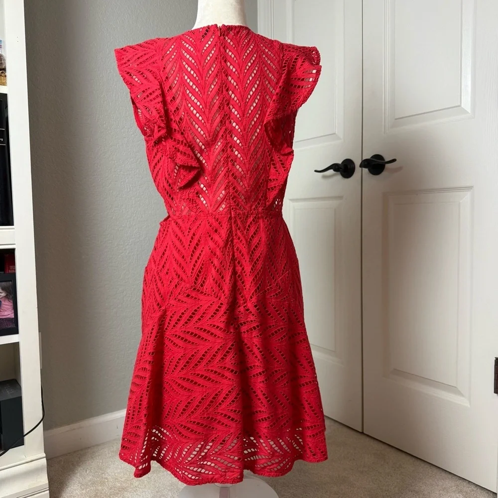 Bardot Kira Red Eyelet Ruffle Dress Size 10/L - Picture 9 of 14